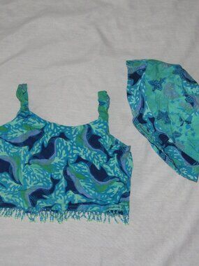 Vintage Rainbow Jo Whale Ocean Print Rayon Beaded Crop Top & Sun Hat Girls L/XL